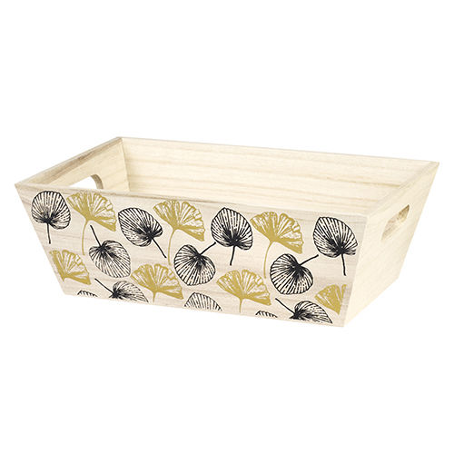 corbeille en bois design avec motif de feuilles or et noires.
