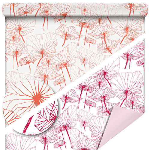 rouleaux de papier minéral avec motif de fleurs orange et fuchsia.